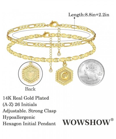 Ankle Bracelets for Women,Gold Anklets 14K Real Gold Plated Layered Initial Anklet for Teen Girls with Letter A-Z Hexagon Pen...