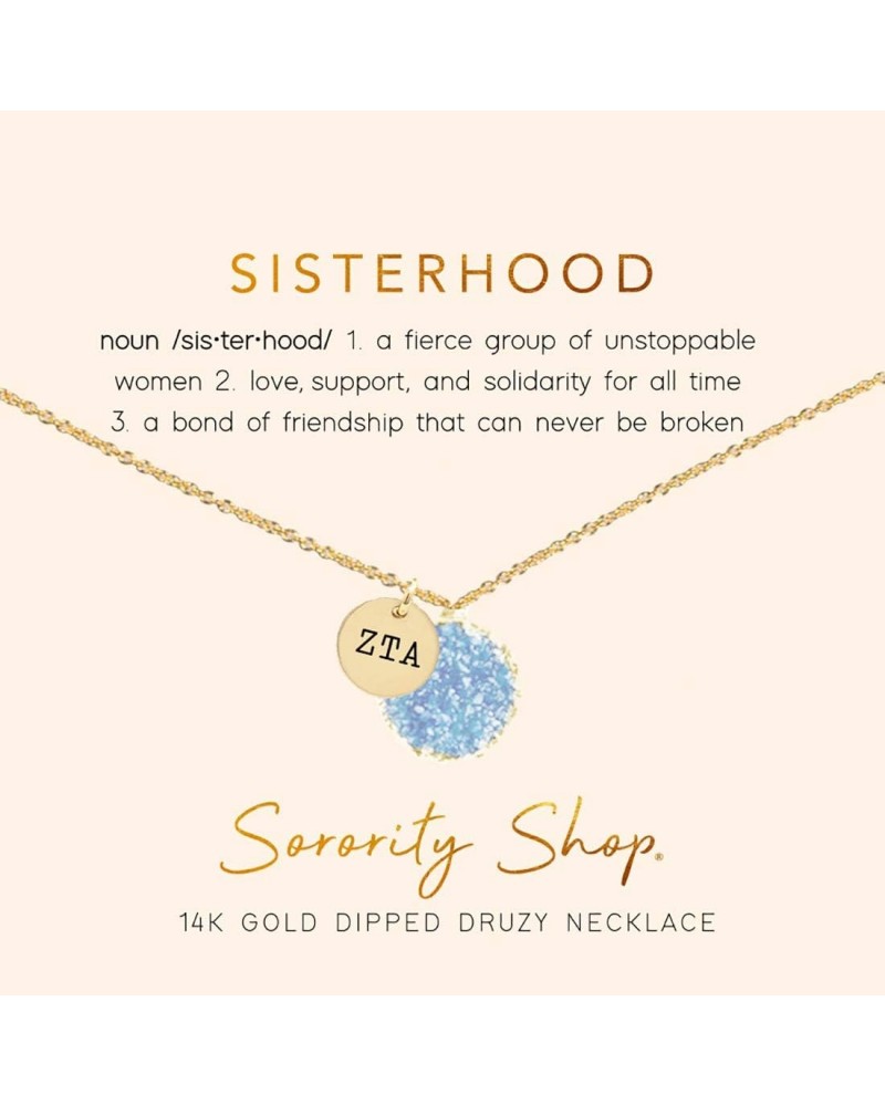 ZTA Necklace - Zeta Tau Alpha Blue Druzy Gemstone Necklace With Engraved Pendant – 14K Gold Dipped Jewelry with Blue Gemstone...