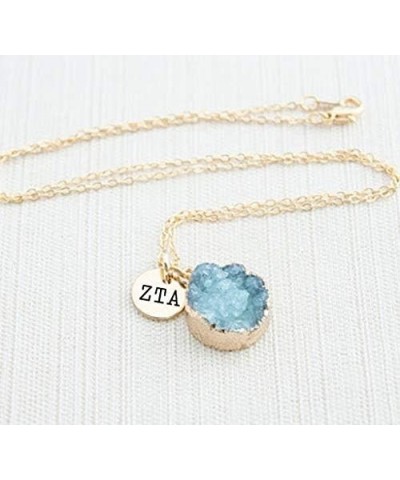 ZTA Necklace - Zeta Tau Alpha Blue Druzy Gemstone Necklace With Engraved Pendant – 14K Gold Dipped Jewelry with Blue Gemstone...