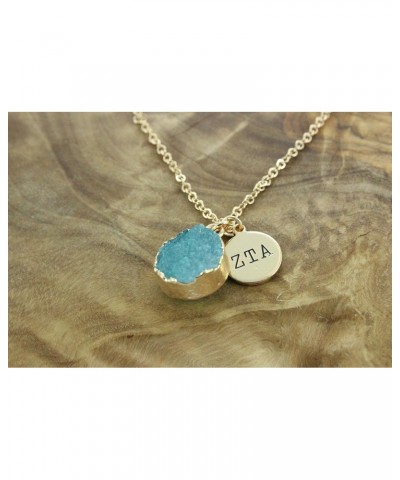 ZTA Necklace - Zeta Tau Alpha Blue Druzy Gemstone Necklace With Engraved Pendant – 14K Gold Dipped Jewelry with Blue Gemstone...