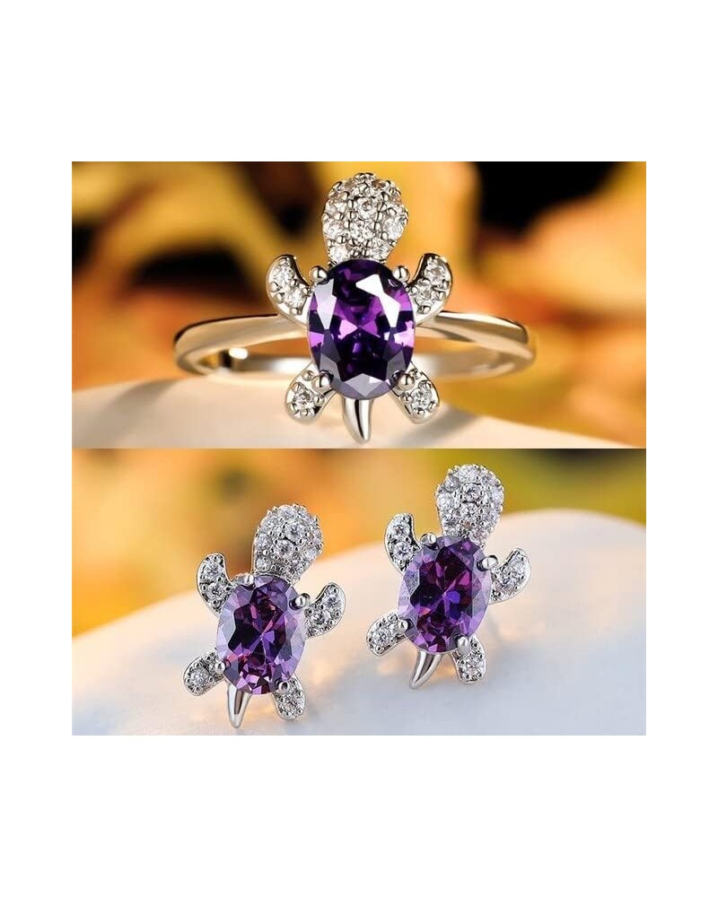 Blue Purple Oval Zircon Turtle Stud Earrings and Rings for Women Wedding Bridal Jewelry Sets Multicolor Stone Jewelry Animal ...