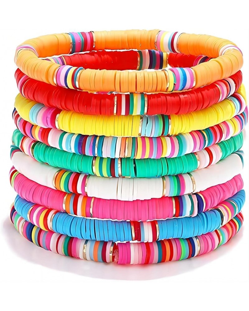 Rainbow Polymer Heishi Bracelets for Women Teen Girls Boho Vinyl Disc Clay Beaded Elastic Stackable Layering Bracelets Preppy...