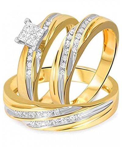 Princess D/VVS1 Diamond 14K Two-Tone Gold Plated 925 Sterling Silver Bridal Wedding Trio Ring Set for Him & Her Women Size 5 ...