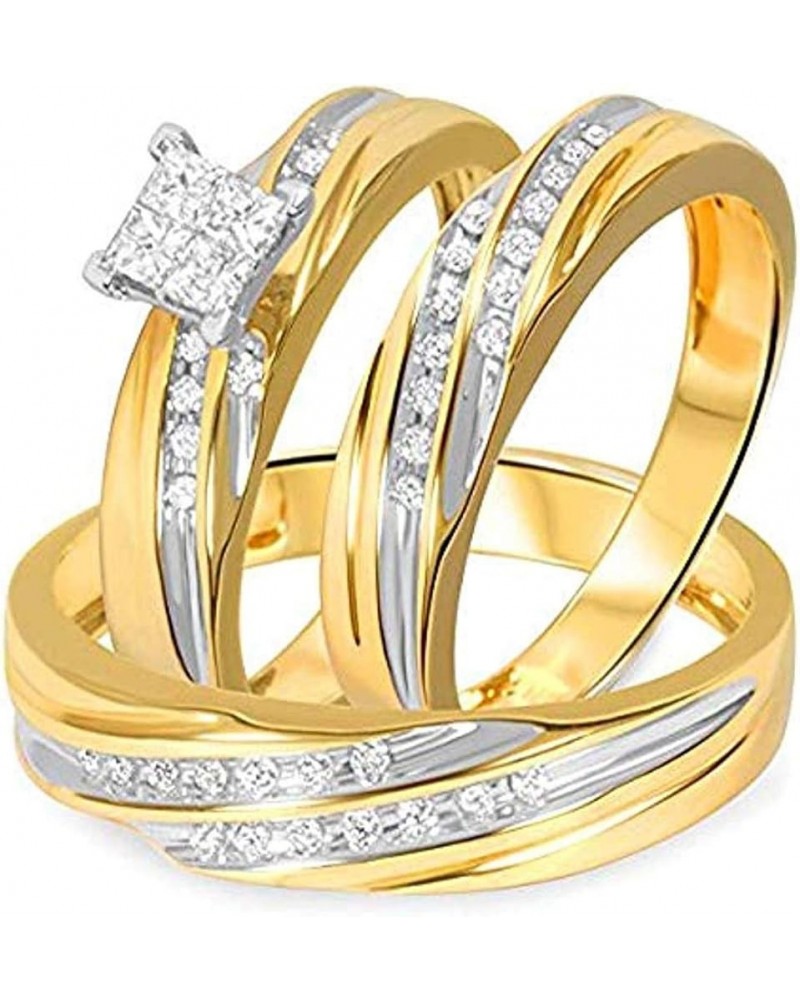 Princess D/VVS1 Diamond 14K Two-Tone Gold Plated 925 Sterling Silver Bridal Wedding Trio Ring Set for Him & Her Women Size 5 ...