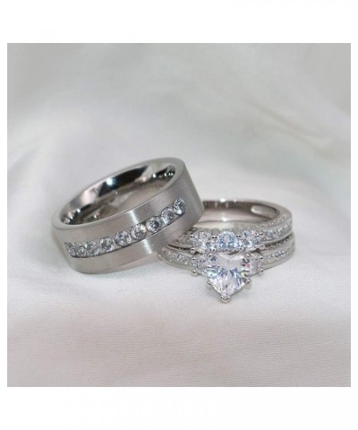 TWO RINGS Wedding Ring Sets His And Hers Promise Ring Couples Bridal Sets Women 925 Sterling Silver Heart Cz Man Titanium Wed...