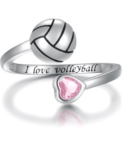 925 Sterling Silver Volleyball Ring Adjustable Birthstone I Love Volleyball Jewelry Gift for Women Teen Girls Player Pink $13...