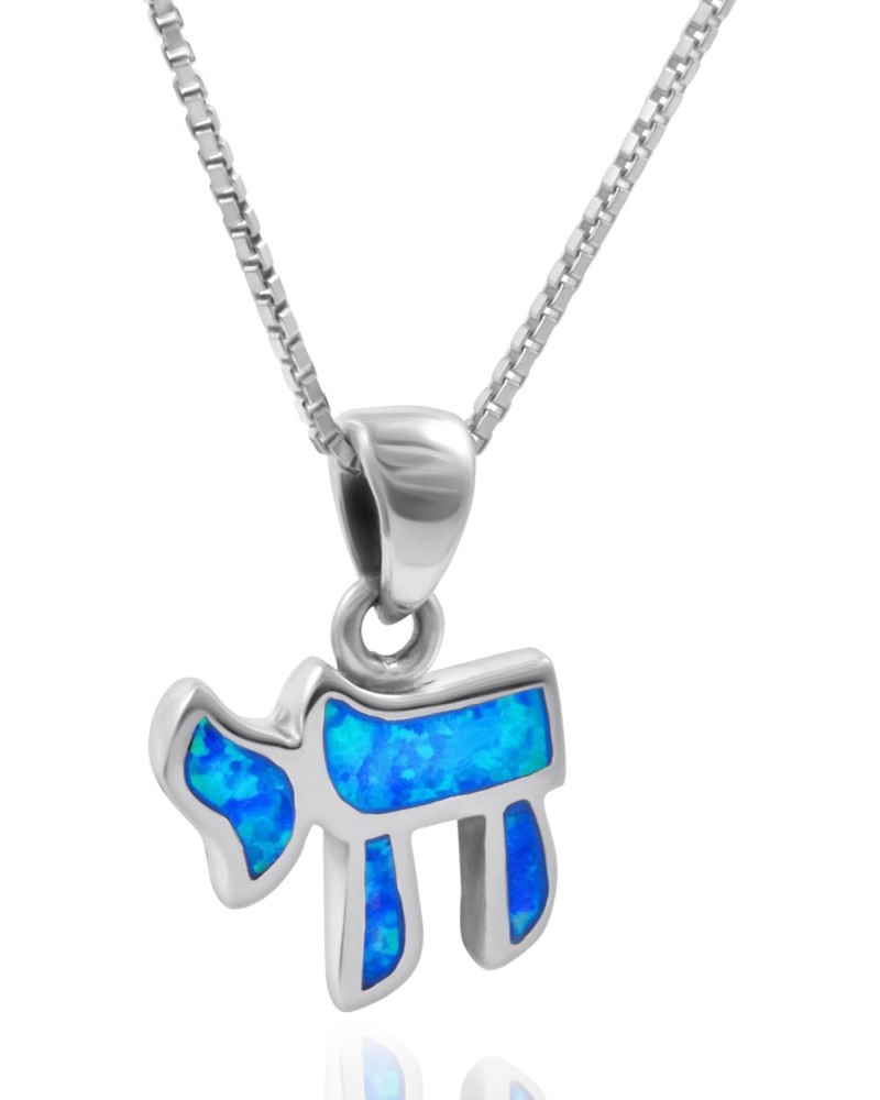 Small Hebrew Chai (Life) Jewish Necklace 925 Sterling Silver Created Blue Opal Pendant for Women $17.02 Necklaces