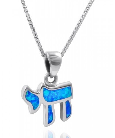 Small Hebrew Chai (Life) Jewish Necklace 925 Sterling Silver Created Blue Opal Pendant for Women $17.02 Necklaces