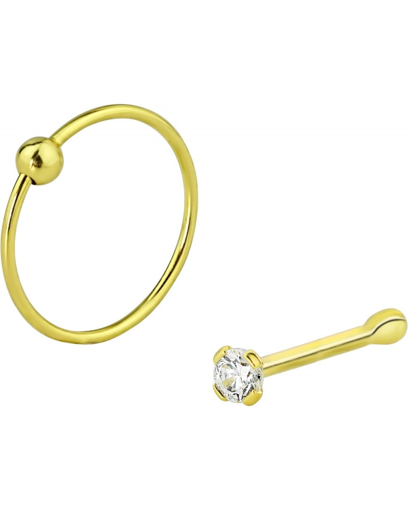 Set of 2 Styles Nose Rings: Sterling Silver Gold Plated 1.25mm CZ Stud and 9mm Nose Hoop $8.66 Body Jewelry