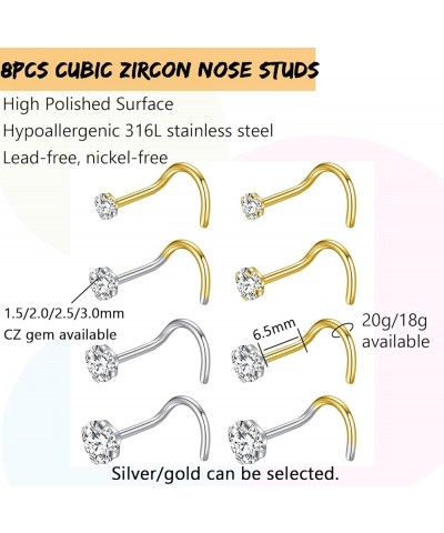 8Pcs Nose Rings Studs 316L Surgical Steel Nose Studs 1.5mm 2mm 2.5mm 3mm CZ Nostril Piercing Jewelry L Shaped Nose Rings for ...