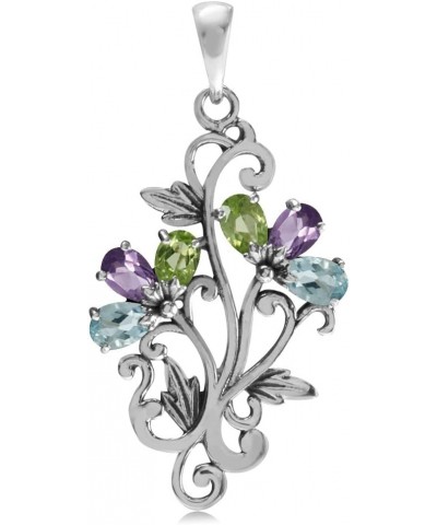 Genuine Gemstone 925 Sterling Silver Victorian Style Flower Bouquet and Leaf Pendant multi-colored gemstone $13.43 Pendants