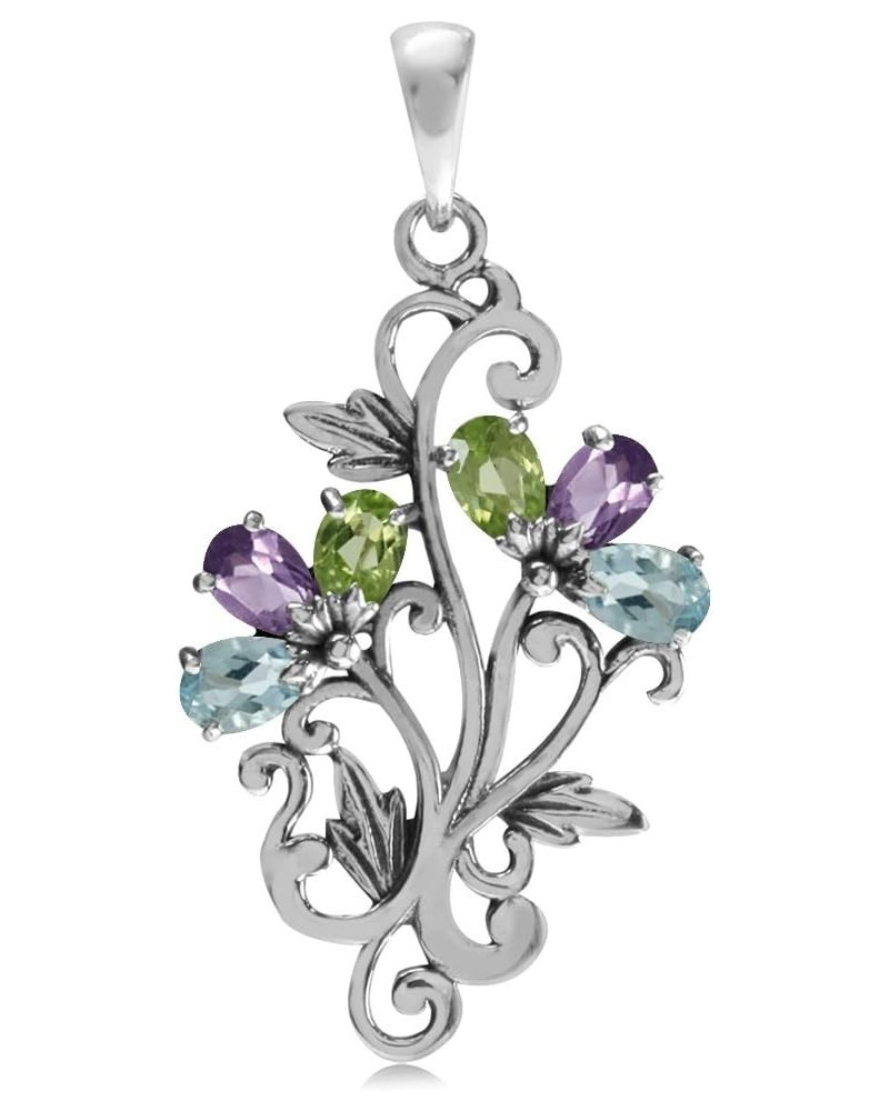 Genuine Gemstone 925 Sterling Silver Victorian Style Flower Bouquet and Leaf Pendant multi-colored gemstone $13.43 Pendants