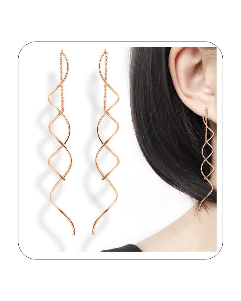 Spiral Threader Earrings for Women,14G Stainless Steel Dangle Handmade Twisted Linear Curved Dangling Earrings for Women Girl...