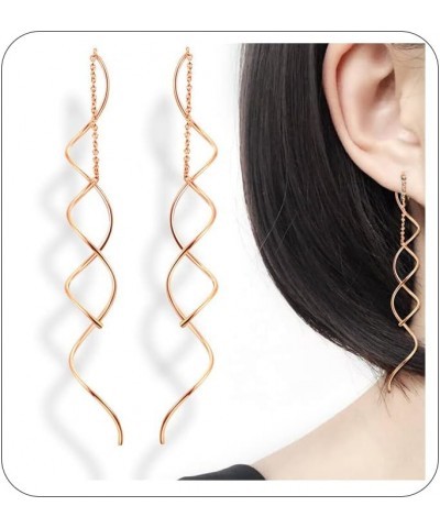 Spiral Threader Earrings for Women,14G Stainless Steel Dangle Handmade Twisted Linear Curved Dangling Earrings for Women Girl...