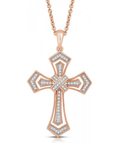 Gold Plated Silver or Sterling Silver 1/5 Cttw Natural White Round Diamond Cross Pendant Necklace, 18" Rolo Chain rose-gold-p...