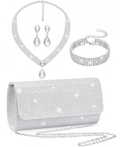 4 Pieces Silver Clutch Purses For Women Evening Rhinestone Purses Crystal Jewelry Set Bridal Wedding Choker Bracelet Dangle B...