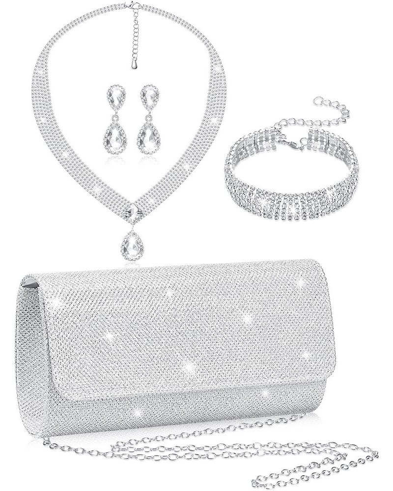 4 Pieces Silver Clutch Purses For Women Evening Rhinestone Purses Crystal Jewelry Set Bridal Wedding Choker Bracelet Dangle B...