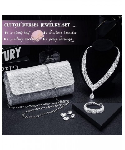 4 Pieces Silver Clutch Purses For Women Evening Rhinestone Purses Crystal Jewelry Set Bridal Wedding Choker Bracelet Dangle B...