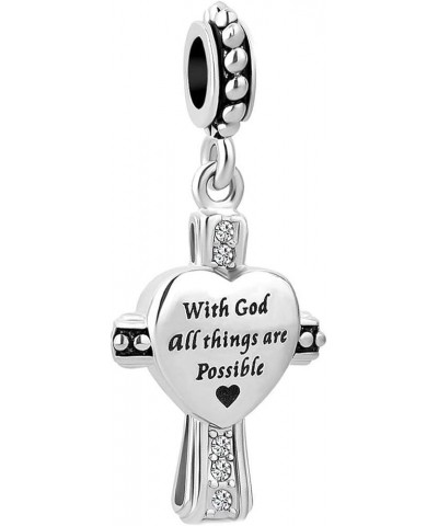 Religious Cross Charm with God All Things are Possible Quote Bible Dangle Bead Compatible With Pandora Charms Bracelets Cross...