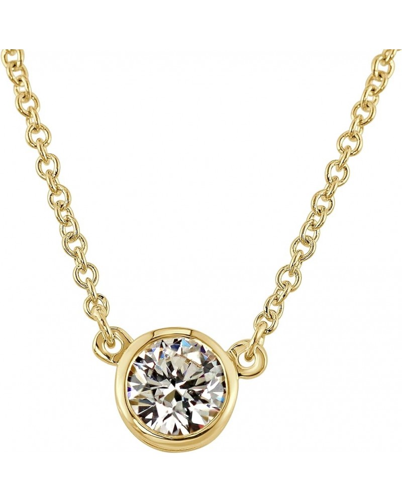 14k Yellow Gold Round Simulant CZ Solitaire Diamond Pendant Necklace (1/5-1cttw, Excellent Quality) Bezel-set, 16-inch Link C...