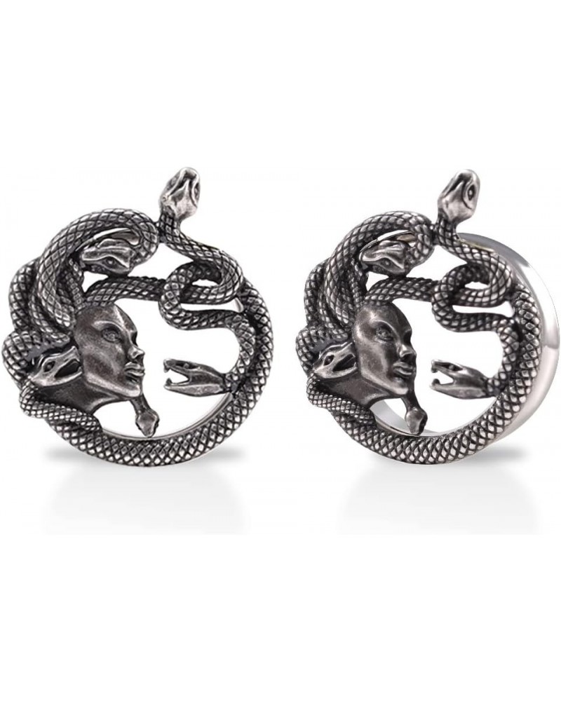 1 Pair Stainless Steel Ear Gauges Tunnels Ouroboros Snake Eat Tails Silver Vintage 2g-1 Inch Double Flare For Men For Women L...