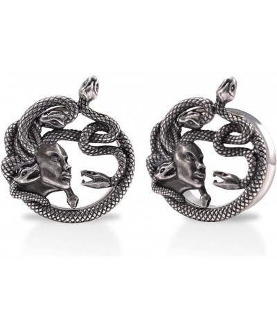 1 Pair Stainless Steel Ear Gauges Tunnels Ouroboros Snake Eat Tails Silver Vintage 2g-1 Inch Double Flare For Men For Women L...