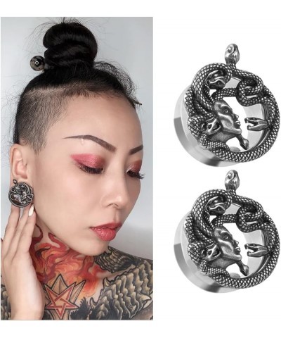 1 Pair Stainless Steel Ear Gauges Tunnels Ouroboros Snake Eat Tails Silver Vintage 2g-1 Inch Double Flare For Men For Women L...