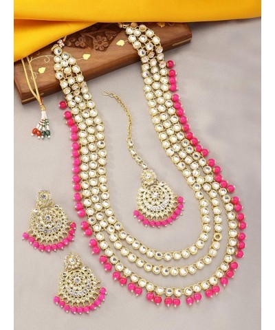 Indian Ethnic Wedding Faux Kundan Beaded Bridal Long Necklace Earrings with Maang Tikka Traditional Jewellery Set for Women R...