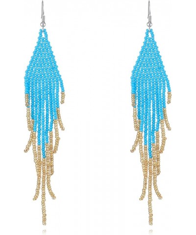 Handmade Long Beaded Tassel Earrings, Boho Drop Fringe Earrings for Women Girls Native Dangle Earrings Lake blue $4.85 Earrings