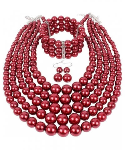 Women Multi Layer Imitation Pearl Strand Costume Jewelry Necklace Bracelet and Earrings Sets Dark Red $8.66 Jewelry Sets