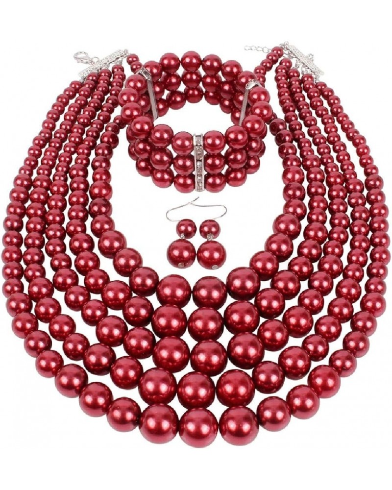 Women Multi Layer Imitation Pearl Strand Costume Jewelry Necklace Bracelet and Earrings Sets Dark Red $8.66 Jewelry Sets