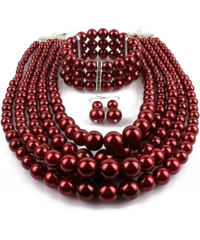 Women Multi Layer Imitation Pearl Strand Costume Jewelry Necklace Bracelet and Earrings Sets Dark Red $8.66 Jewelry Sets