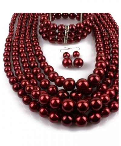 Women Multi Layer Imitation Pearl Strand Costume Jewelry Necklace Bracelet and Earrings Sets Dark Red $8.66 Jewelry Sets