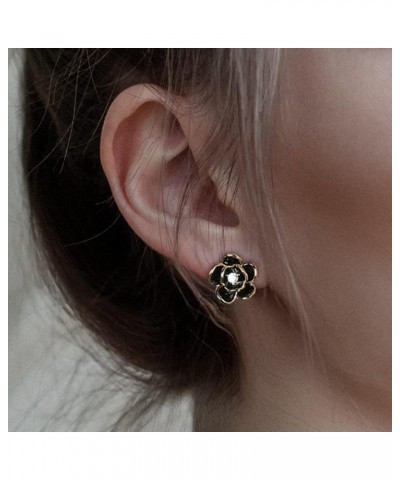 14K Gold Dainty Flower Earrings Black Rose Gold Flower Pearl Stud Earrings for Women Sterling Silver Post Hypoallergenic Earr...