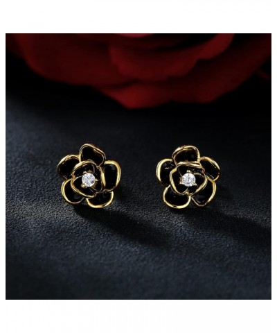 14K Gold Dainty Flower Earrings Black Rose Gold Flower Pearl Stud Earrings for Women Sterling Silver Post Hypoallergenic Earr...