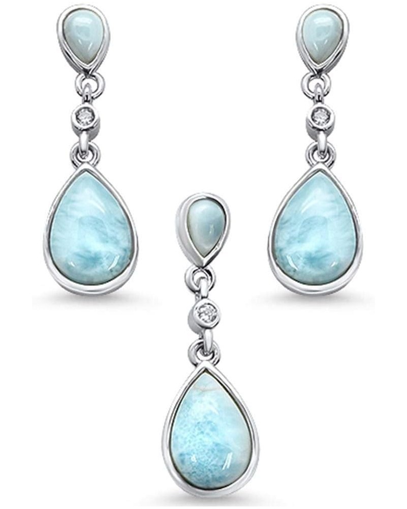 CLOSEOUT WAREHOUSE Natural Larimar Cubic Zirconia Teardrop Dangling Pendant Earrings Set Sterling Silver Turquoise $23.58 Jew...