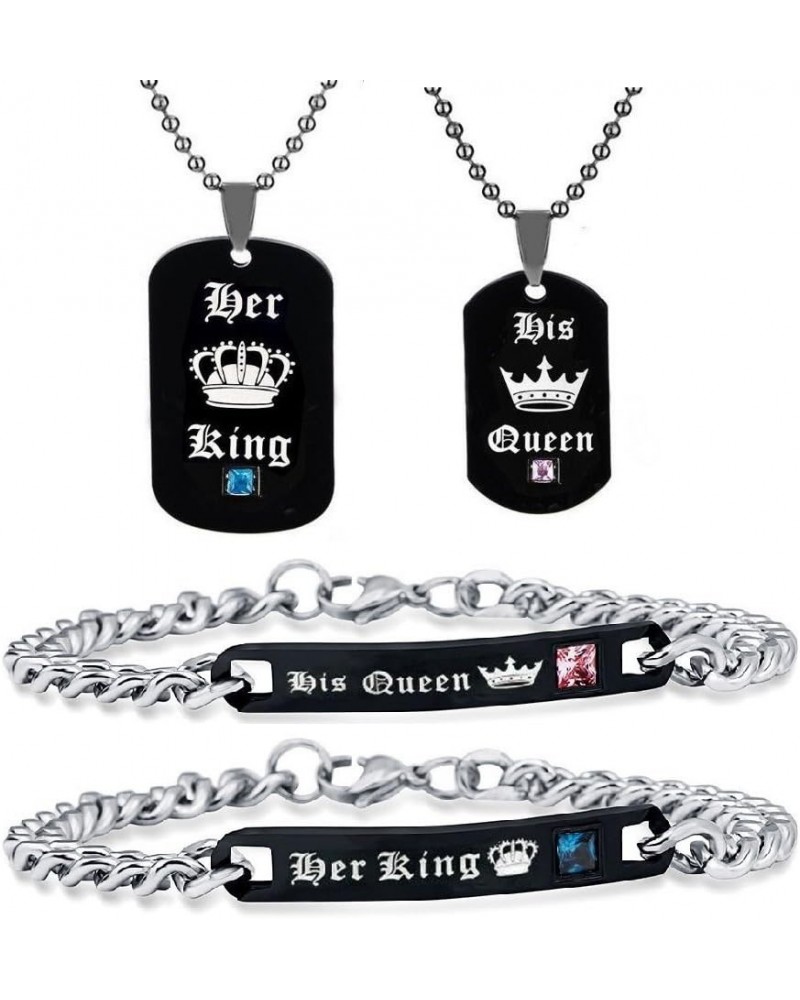 His Queen and Her King Black Titanium Necklaces & Bracelet Matching Couple Jewelry Sets for Men and Women with Cubic Zirconia...