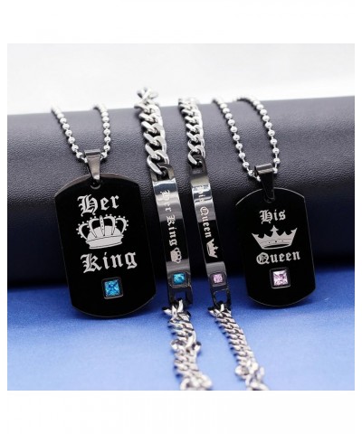 His Queen and Her King Black Titanium Necklaces & Bracelet Matching Couple Jewelry Sets for Men and Women with Cubic Zirconia...