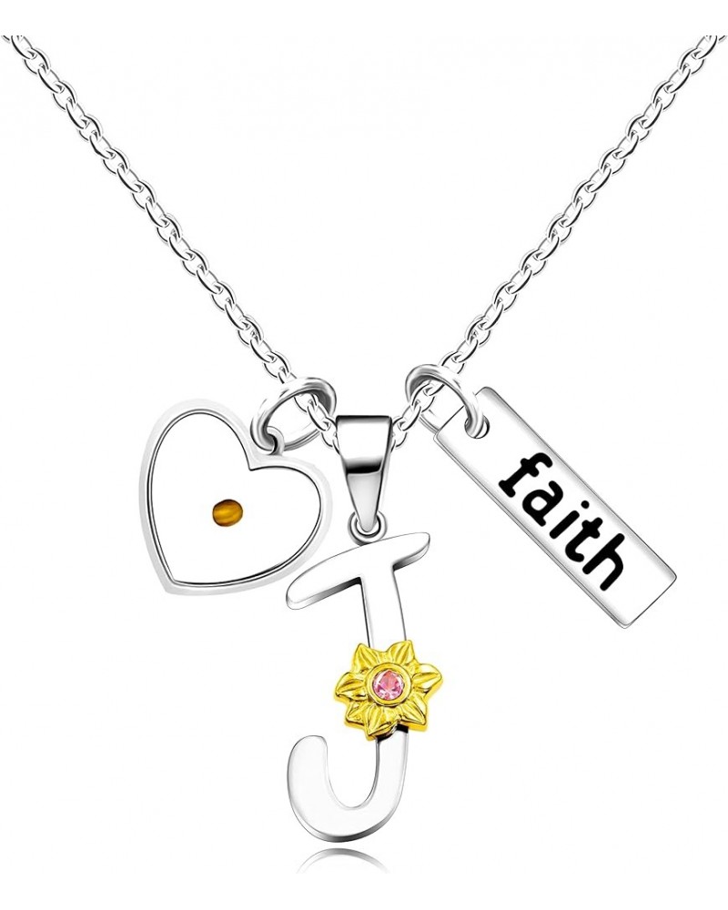 A-Z 26 Alphabet Sunflower Pendant Necklace for Women Girls Stainless Steel Religious Charm Heart Mustard Seed Faith Name Lett...