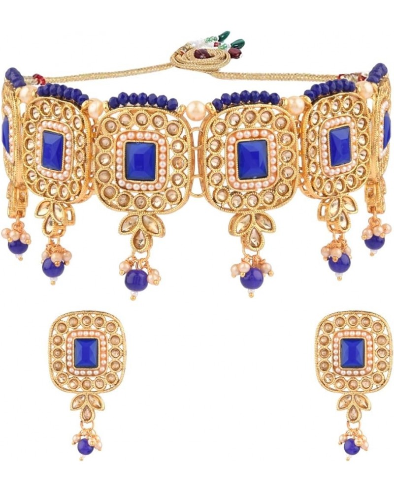 Indian Kundan Crystal Pearl Bollywood Traditional Wedding Choker Necklace Earrings Maang Tikka Jewelry set Blue $14.57 Jewelr...