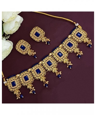 Indian Kundan Crystal Pearl Bollywood Traditional Wedding Choker Necklace Earrings Maang Tikka Jewelry set Blue $14.57 Jewelr...