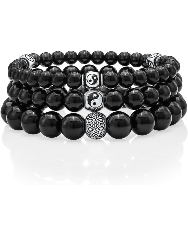 Black Onyx Beaded Bracelet 6/8/10MM Dia Stones with 925 Sterling Silver Beads for Men and Women 3 x YinYang - 6mm - Size XL $...