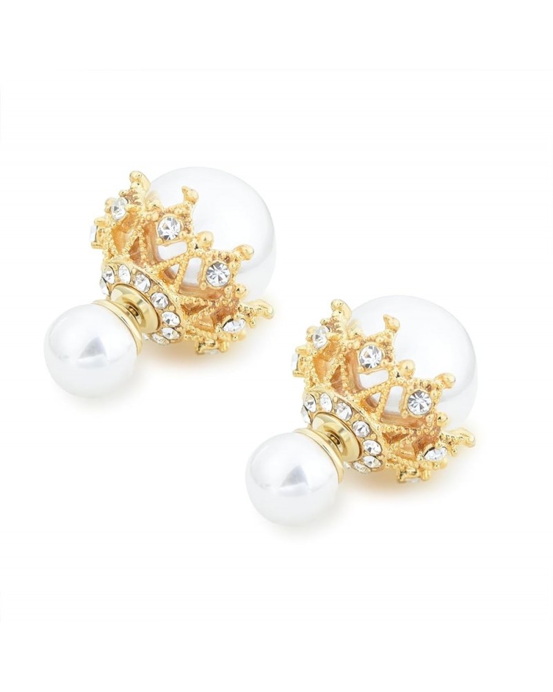 Classic Circle Stud Front and Hollow Design Ball Back, Double Side Crystal Earrings Stud Earrings for Women Bridal Gold White...