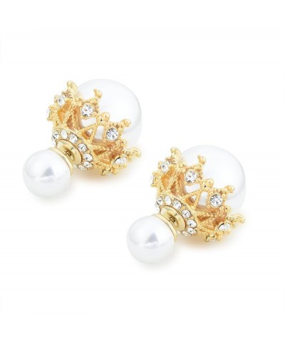 Classic Circle Stud Front and Hollow Design Ball Back, Double Side Crystal Earrings Stud Earrings for Women Bridal Gold White...