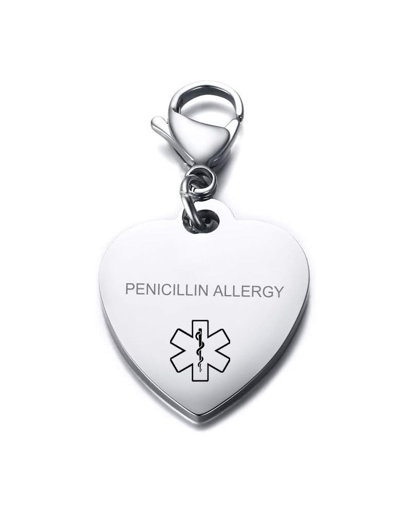 Personalized Engraving Stainless Steel Medical Alert ID Heart Pendant Necklace for Women Girls Silver Keychain 02-penicillin ...