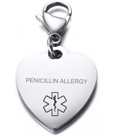 Personalized Engraving Stainless Steel Medical Alert ID Heart Pendant Necklace for Women Girls Silver Keychain 02-penicillin ...