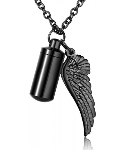 Urn Necklace for Ashes with Angel Wing Cremation Jewelry for Ashes Cylinder Pendant Necklaces for Ashes s black non-engraving...