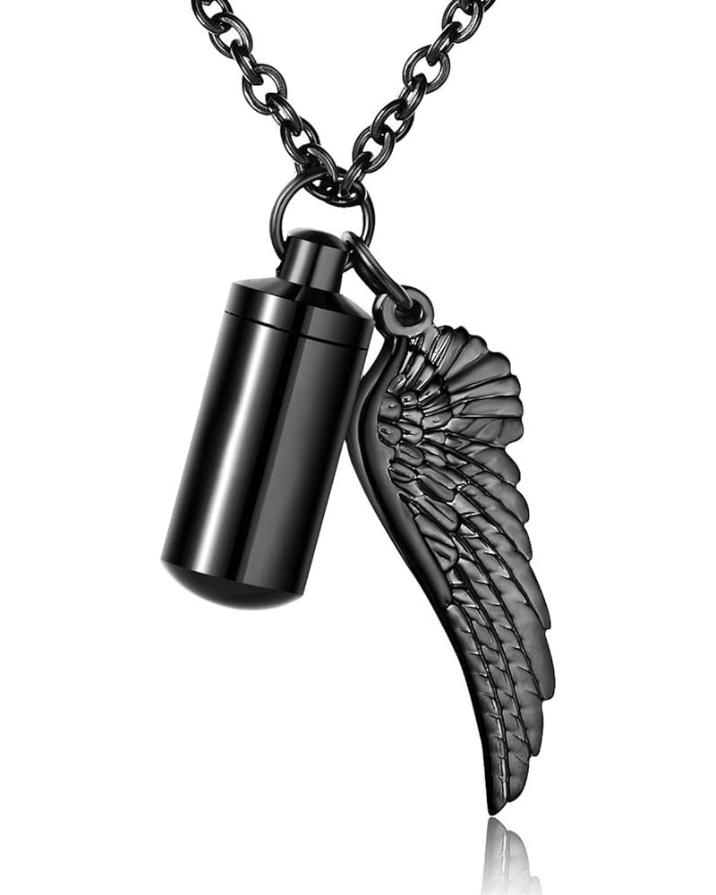 Urn Necklace for Ashes with Angel Wing Cremation Jewelry for Ashes Cylinder Pendant Necklaces for Ashes s black non-engraving...