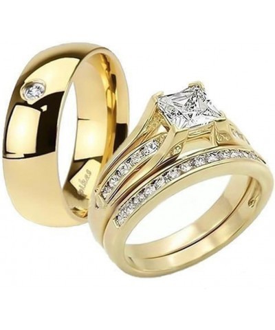 His and Her 14K Gold Plated Stainless Steel 3 Piece Wedding Engagement Ring and Men's Band Set Women's Size 08 Men's Size 07 ...