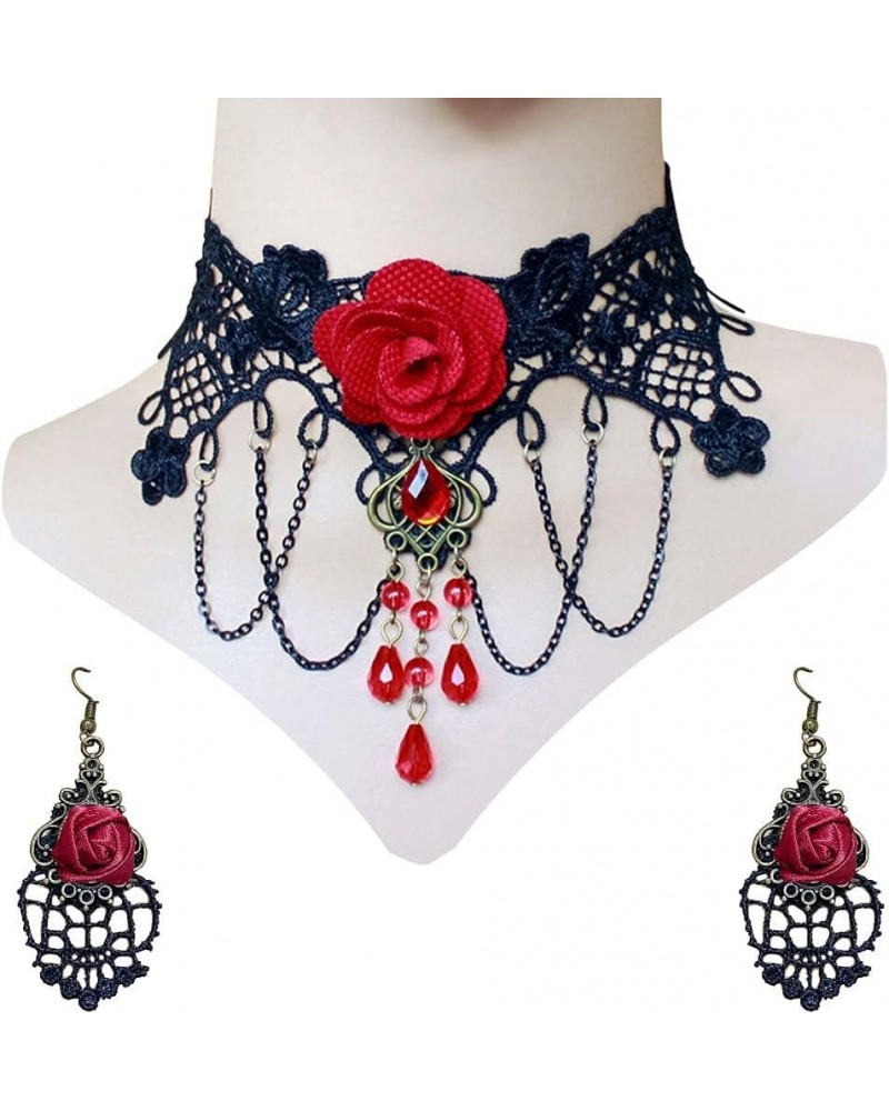 3PCS Choker Lace Necklace with Earring Set Punk Party Gothic Vintage Handmade Victorian Steampunk Retro Gears Lace Vampire fo...